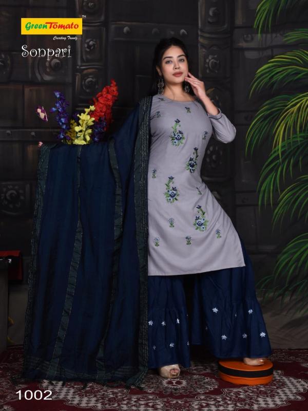 Green Tomato Sonpari Festive Wear Kurti Sharara And Dupatta 